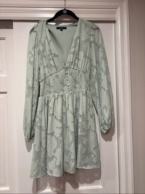 Lulu's Mint Green Textured Floral V-Neck Smocked Waist Long Sleeve Dress